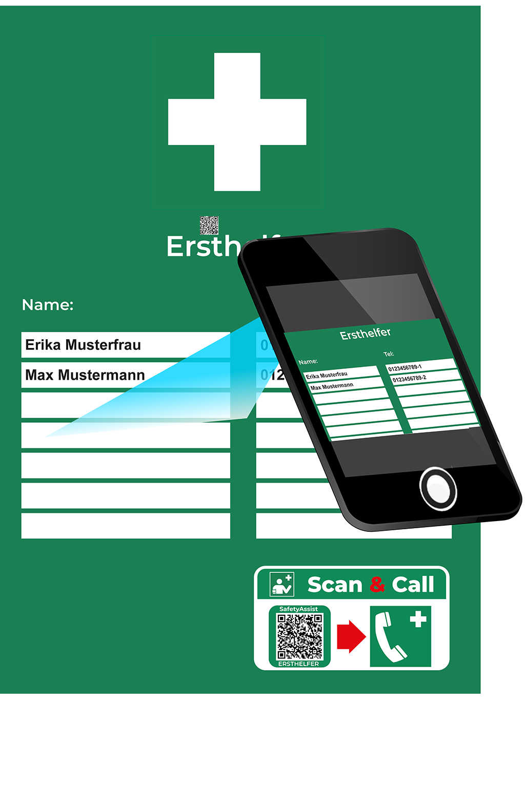 Scan&Call: Ein Smartphone scannt den QR-Code auf einem Ersthelferaushang