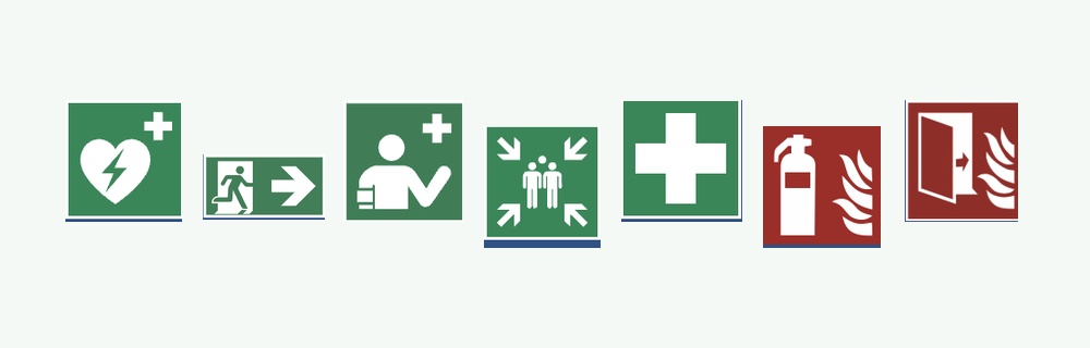 Sicherheitszeichen für Defibrillator, Notausgang, Erste Hilfe, Sammelstelle und Brandschutz
