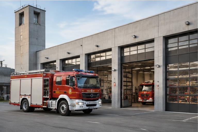 Kommunale Feuerwache mit Einsatzfahrzeug – generiertes Motiv