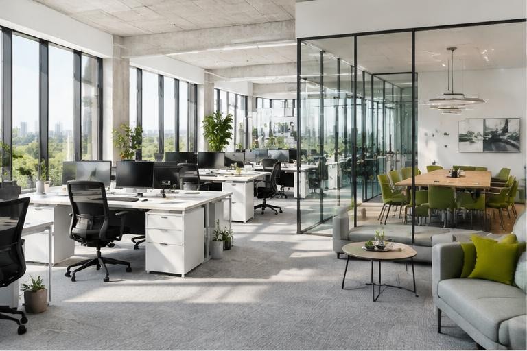 Helles Büro mit Arbeitsplätzen und Besprechungsbereich – generiertes Motiv