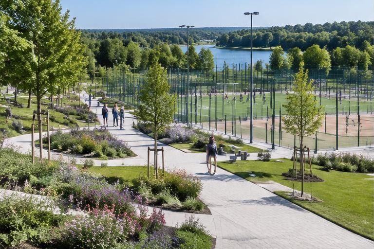 Weitläufige Freizeitanlage mit Wegen und Sportflächen – generiertes Motiv