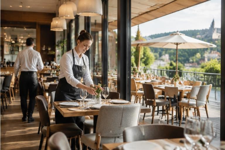 Restaurant mit Mitarbeitenden und heller Terrasse – generiertes Motiv