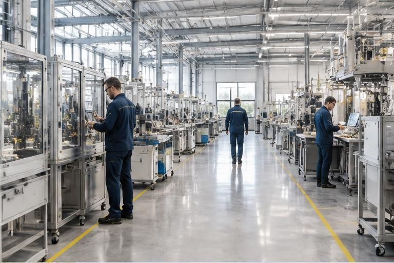 Produktionshalle mit Maschinen und Mitarbeitenden – generiertes Motiv