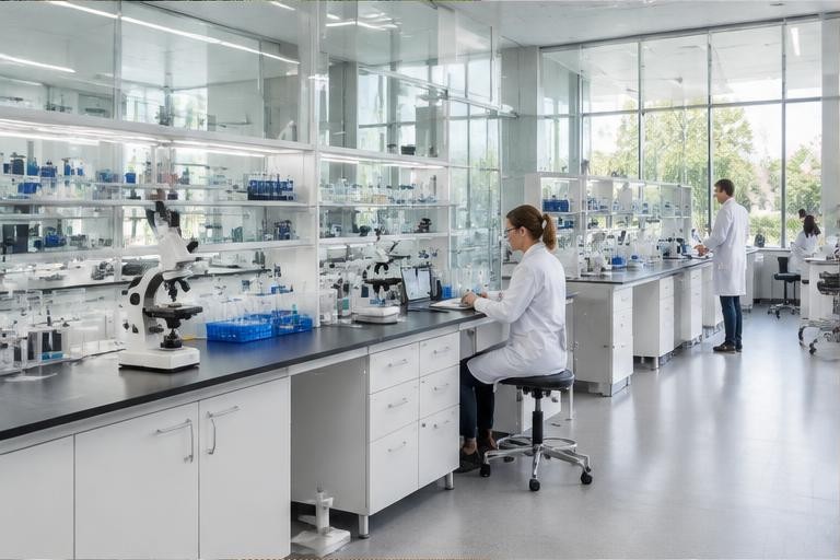 Modernes Labor mit Arbeitsplätzen und wissenschaftlichen Geräten – generiertes Motiv