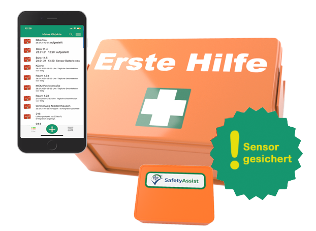 Geöffneter Verbandskasten mit SafetyAssist-Sensor