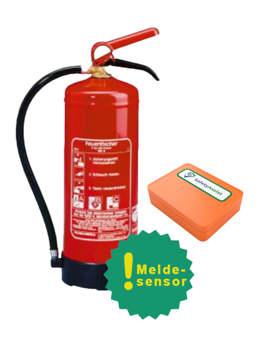 Feuerlöscher mit angeklebtem SafetyAssist-Sensor